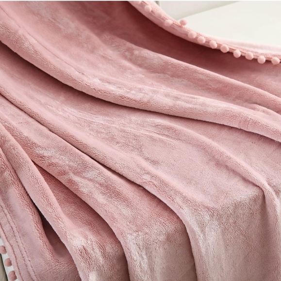Petal Pink Soft Velvety Velour Pom Pom Blush Throw Blanket Boho Chair Cover - Picture 2 of 6